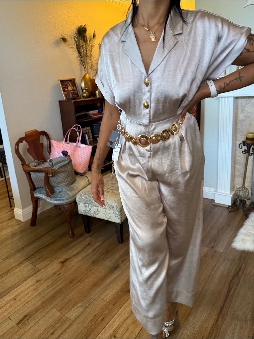 Donna Karan New York Satin Button-Down Wide Leg Jumpsuit Color Vapor -Sz 12